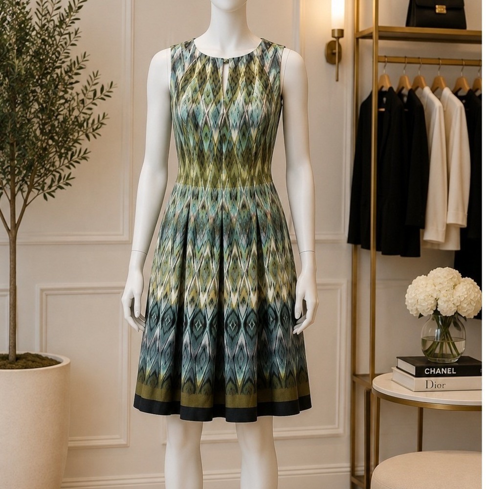 Gabby Skye Womens Dress Geometric Ikat Sleeveless Fit and Flare Green Blue 4